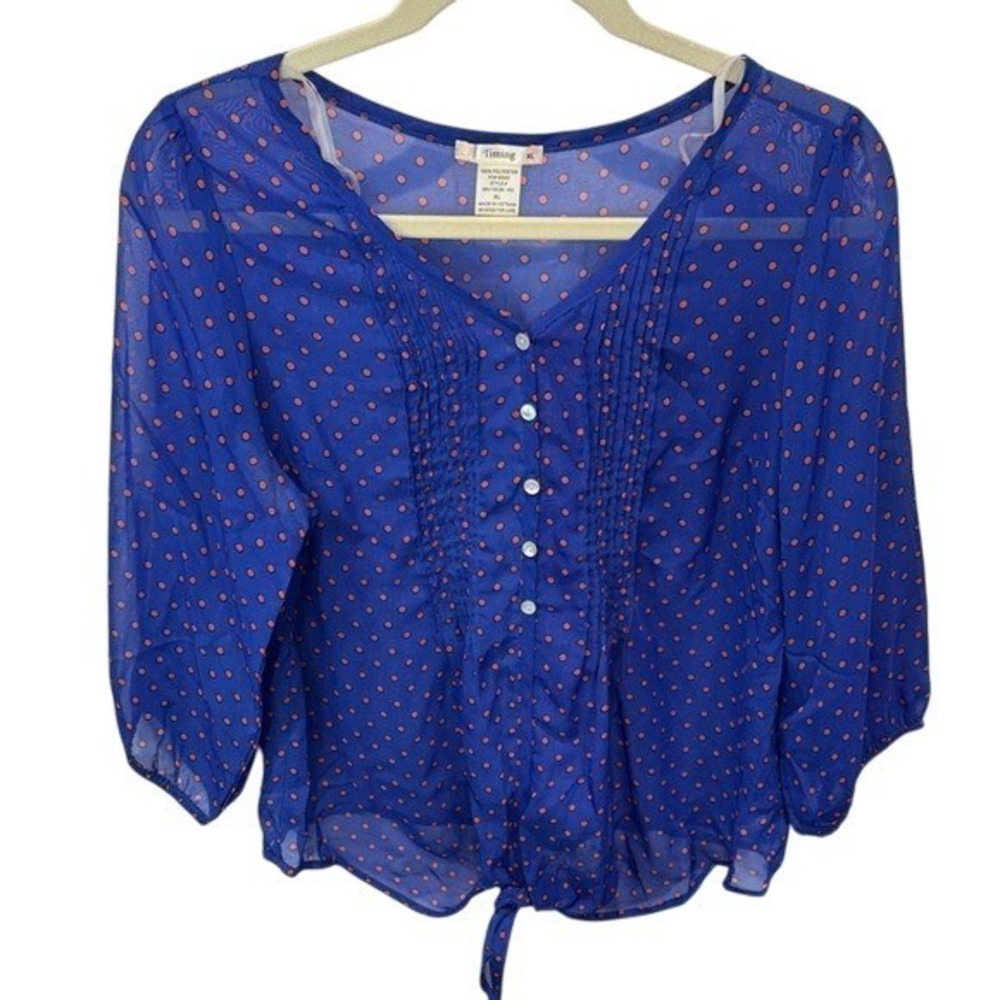 Timing‎ XL Blue Blouse Top Orange Polka Dot Tie Front 3/4 Sleeve Sheer